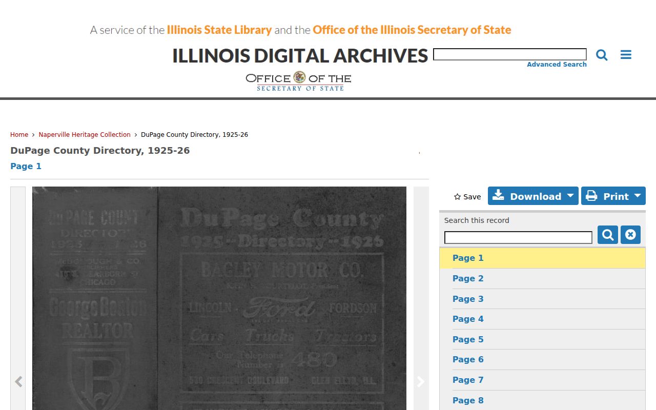 Illinois Digital Archives page for the 1925-26 Glen Ellyn city directory