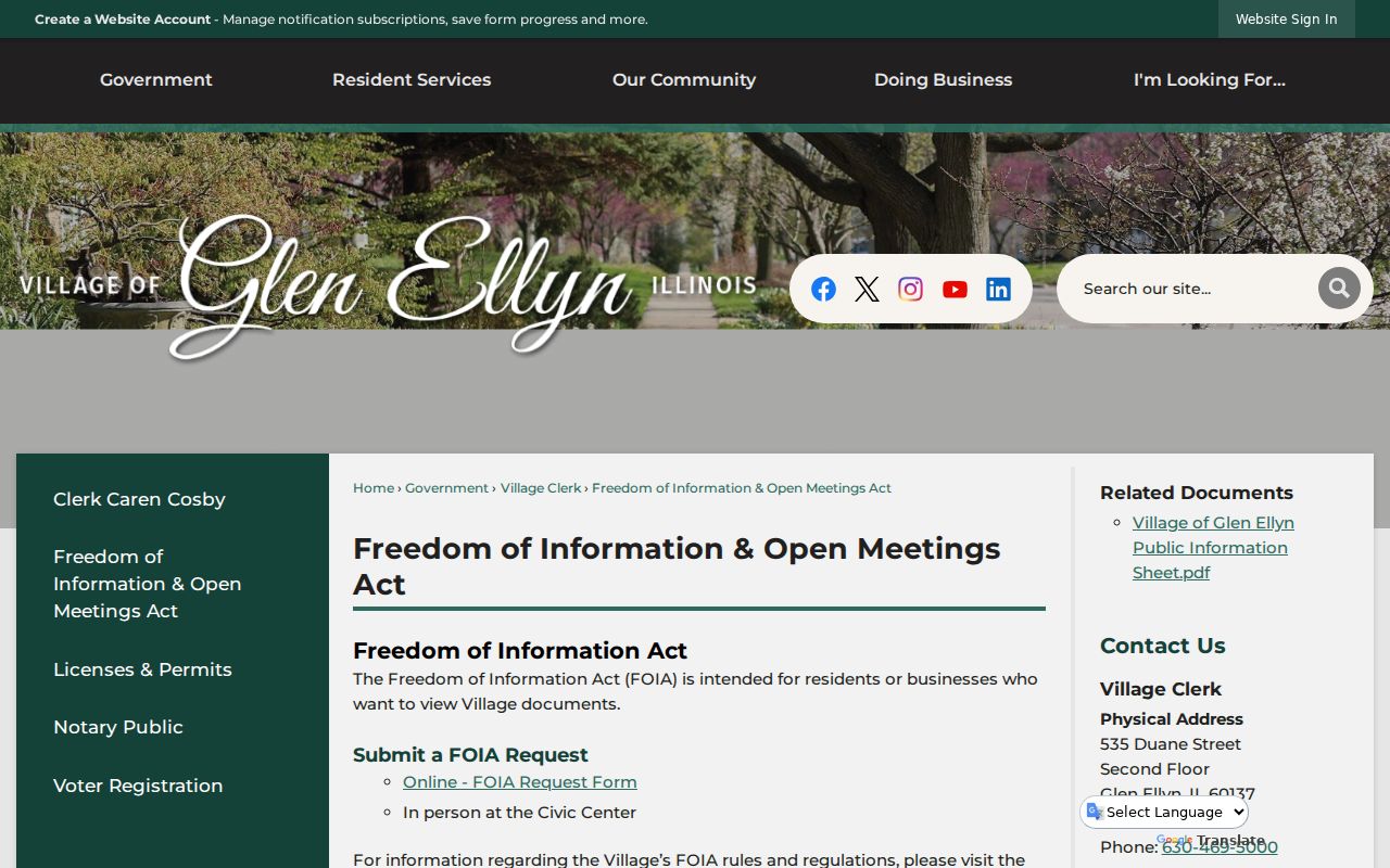 Village of Glen Ellyn Freedom of Information Act request page