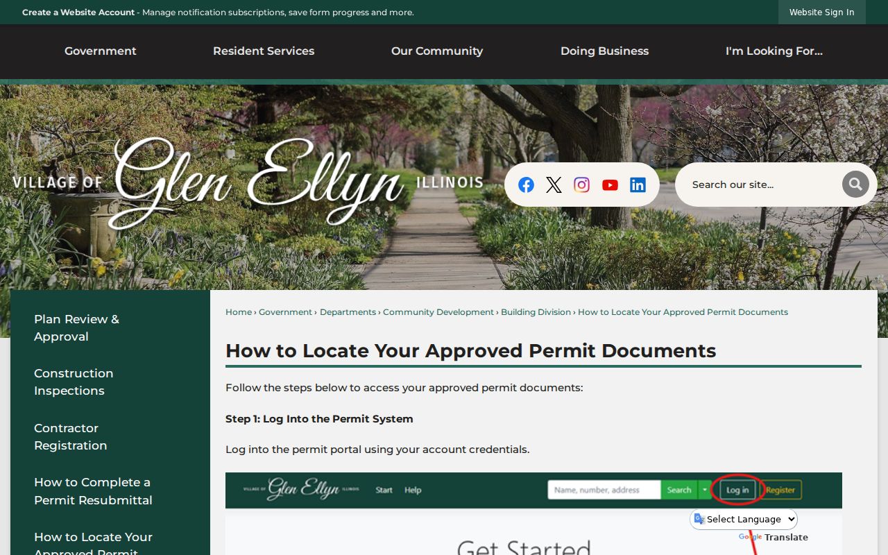 Village instructions for finding approved Glen Ellyn permit documents in LAMA