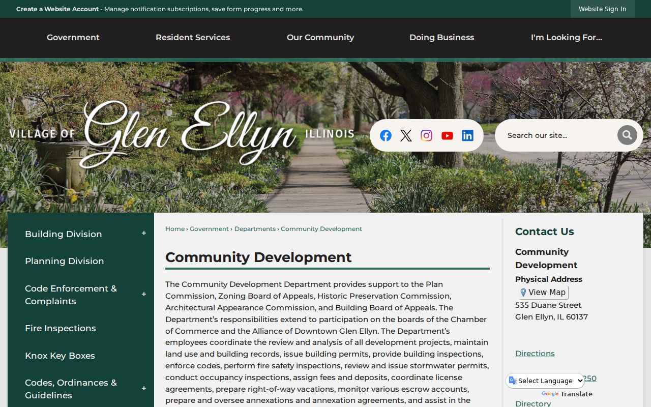 Glen Ellyn Community Development page for land use and neighborhood records