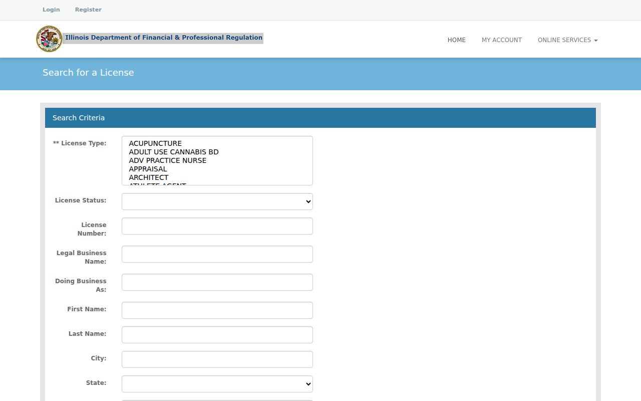 Illinois IDFPR professional license form used to verify a Glen Ellyn affiliation